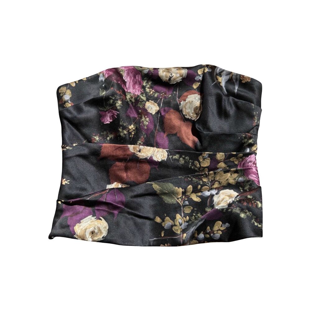 Kay Unger New York Silk Strapless Bustier Top Black Floral Rose Print Size 8